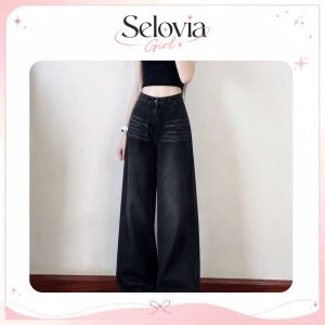 Quần Jean Nữ Ống Suông Rộng Cạp Cao Wash Đen Selovia Girl - Tôn Dáng, Dễ Phối Đồ